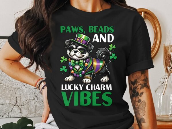 St. Patricks Day Hund Mardi Gras T-Shirt, Lustiger Hund mit Kleeblatt und Perlen, Lucky Charm Vibes Shirt, Lustiger Festtagstee - Image 3