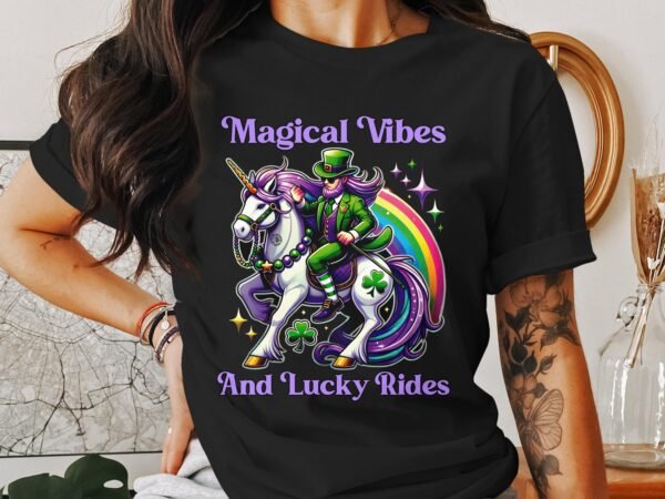 Magische Schwingungen und Glückliche Fahrten T-Shirt, Einhorn T-Shirt, Lustiges irisches T-Shirt, Regenbogen Einhorn Geschenk - Image 3