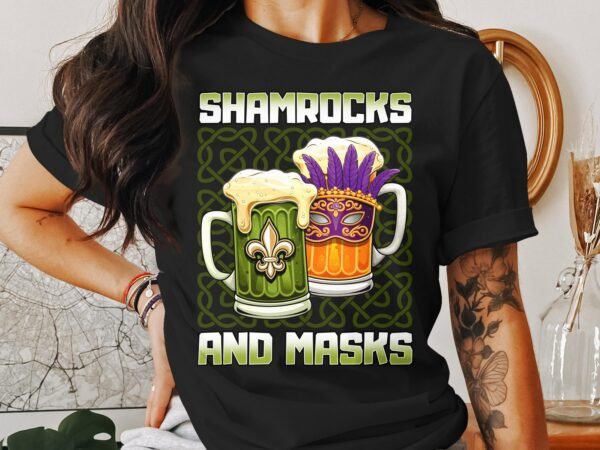 Lustiges St. Patricks Day Shirt, Mardi Gras T-Shirt, Shamrocks and Masks, Bierkrüge mit Klee und Maske, Geschenkideen - Image 3