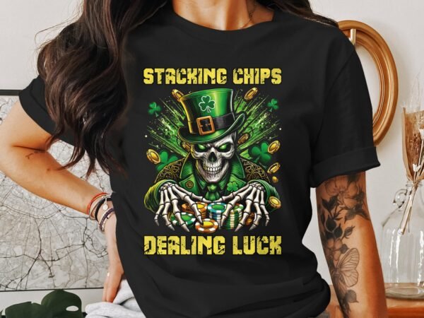 St. Patricks Day Poker T-Shirt, Gaming Shirt, Casino Luck Tee, Playing Cards Top, Poker Chips Shirt, Skeleton Leprechaun Art - Image 3