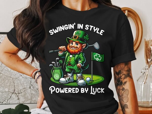 St. Patricks Day Golf T Shirt, Golfing Leprechaun Tee, Swingin in Style Shirt, Powered by Luck, Funny Golf Shirt, Irish Golf Gift - Image 2