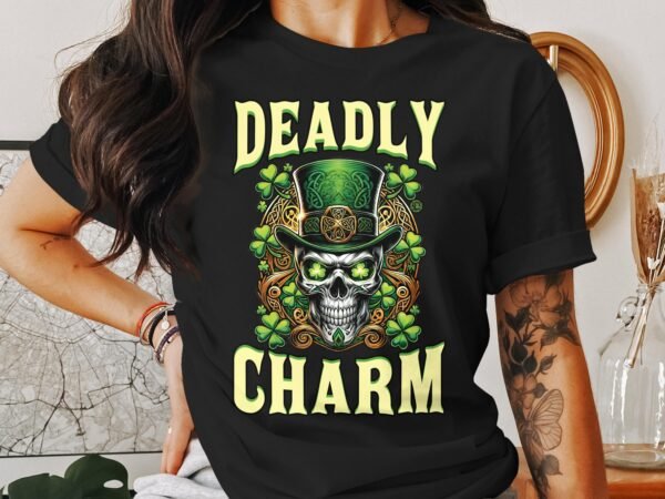 Deadly Charm Totenkopf T-Shirt, St. Patrick's Day T-Shirt, Herren Damen T-Shirt, Skull Grafik T-Shirt, Irisches Shamrock Design - Image 2