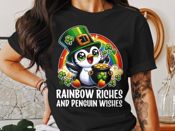 Lustiges Regenbogen Pinguin T-Shirt, Regenbogen Reichtum Pinguin Glück, Glücklicher Pinguin mit Goldtopf, Süßes Pinguin Geschenkt-Shirt - Image 2