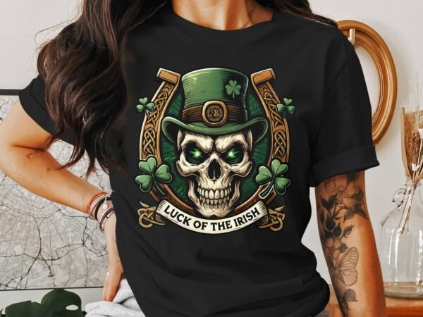 Gruseliger Totenkopf mit grünem Hut T-Shirt, Glück der Iren T-Shirt, Schauriger Schädel Irland Glück T-Shirt, Sankt Patrick's Day Shirt - Image 2