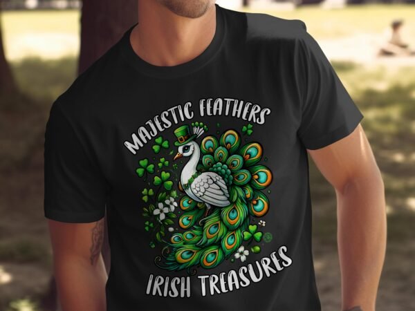 St. Patricks Day T-Shirt mit majestatischen Federn Shirt Irische Schätze Glückssymbole Lustiges Pfauenmotiv Shirt Glückskleeblatt Magie Tee - Image 5