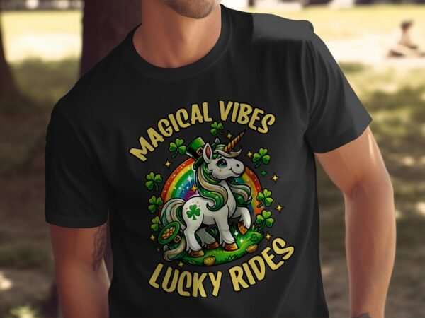 Magische Vibes T-Shirt, Glücklicher Einhorn Reit, Regenbogen Clover Design, coole Grafiken für Erwachsene und Kinder - Image 5