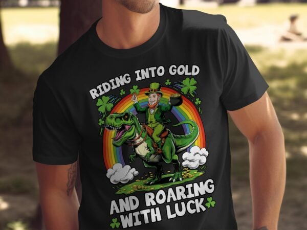 St. Patrick's Day T-Shirt, Lustiger Leprechaun auf Dinosaurier, Regenbogen und Kleeblatt Design, Glückliche St. Patty's Day Shirts - Image 5