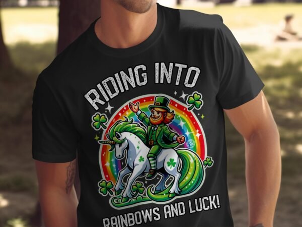 Reiten in Regenbogen und Glück T-Shirt, Lustiges St. Patrick's Day Einhorn T-Shirt, Buntes Regenbogen Motiv T-Shirt, Glücksbringer Tee - Image 5