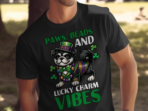 St. Patricks Day Hund Mardi Gras T-Shirt, Lustiger Hund mit Kleeblatt und Perlen, Lucky Charm Vibes Shirt, Lustiger Festtagstee - Image 5