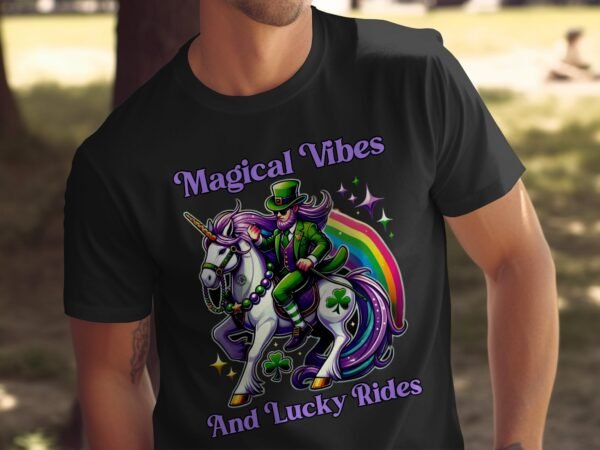 Magische Schwingungen und Glückliche Fahrten T-Shirt, Einhorn T-Shirt, Lustiges irisches T-Shirt, Regenbogen Einhorn Geschenk - Image 5