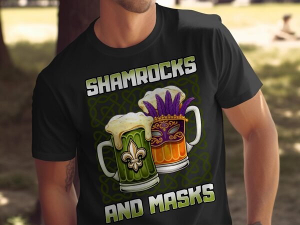 Lustiges St. Patricks Day Shirt, Mardi Gras T-Shirt, Shamrocks and Masks, Bierkrüge mit Klee und Maske, Geschenkideen - Image 5