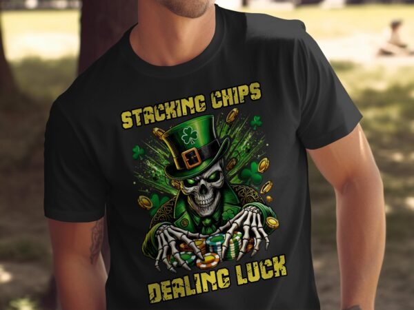 St. Patricks Day Poker T-Shirt, Gaming Shirt, Casino Luck Tee, Playing Cards Top, Poker Chips Shirt, Skeleton Leprechaun Art - Image 5