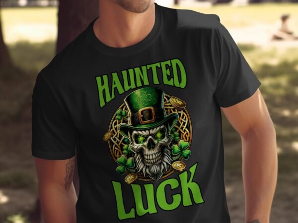 Gruselige Glück T-Shirt, Schädel mit Hut und Kleeblatt, Irland Motiv, Lustiges St. Patricks Day Geschenk, Halloween inspirierte Mode - Image 4