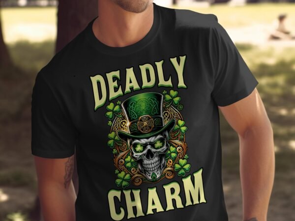 Deadly Charm Totenkopf T-Shirt, St. Patrick's Day T-Shirt, Herren Damen T-Shirt, Skull Grafik T-Shirt, Irisches Shamrock Design - Image 4
