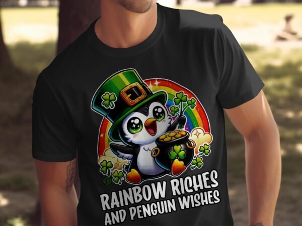 Lustiges Regenbogen Pinguin T-Shirt, Regenbogen Reichtum Pinguin Glück, Glücklicher Pinguin mit Goldtopf, Süßes Pinguin Geschenkt-Shirt - Image 4