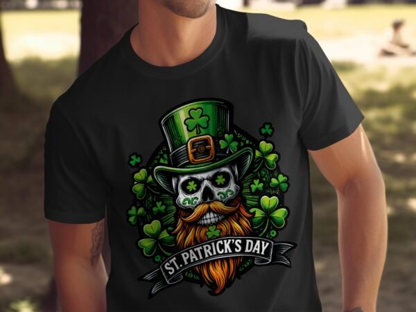 St. Patrick's Day T-Shirt, Lustiger Schädel mit Bart, Kleeblatt Hut Design, Irischer Stolz, Glück Irish Feiern Shirt - Image 4