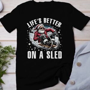 Lustiger Weihnachtself Weihnachtsmann auf Schlitten T Shirt, Retro Santa Claus Schlittschuh Celeb Weihnachtsgeschenk Tee