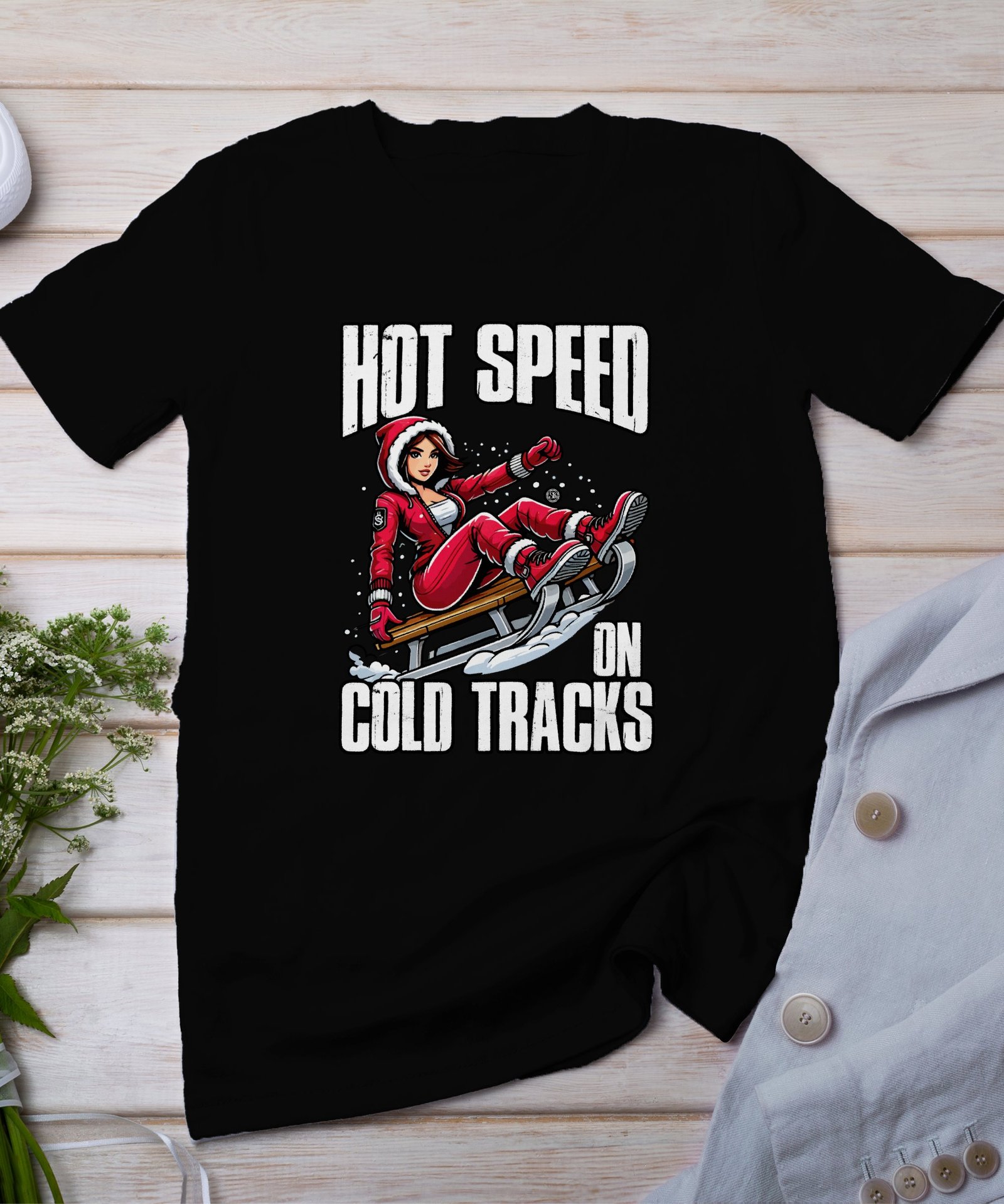 Geschwindigkeit im Schnee T Shirt, Lustiges Winter Schlitten T Shirt, Weihnachtsgeschenk für Schneeliebhaber, Damen Schlittenfahren Tee