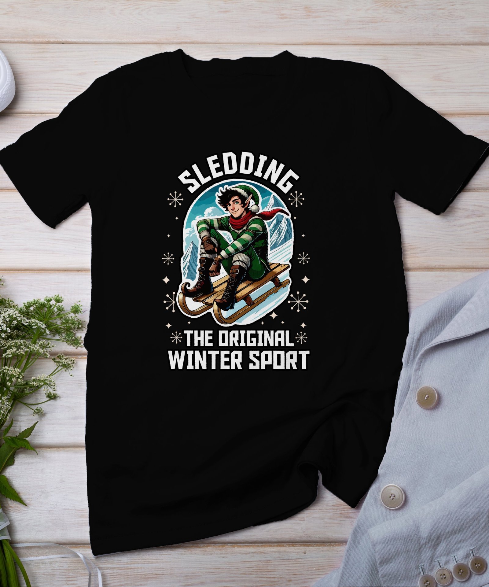 Lustiger Elfen-T-Shirt Retro-Schnee-Schlittenfahren Originales Wintersport-Design Weihnachten Kurzarm Urlaubsgeschenk