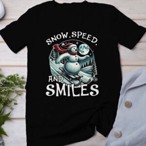 Snow Speed and Smiles T Shirt Vintage Snowman Sledding Graphic Tee Winter Holiday Gift Funny Snowman Shirt Outdoorsy