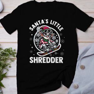Santa's Little Shredder Christmas T Shirt, Funny Snowboarding Elf Tee, Kids Holiday Outfit, Xmas Snowboarder Shirt