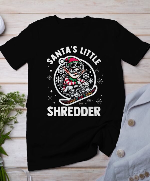 Santa's Little Shredder Christmas T Shirt, Funny Snowboarding Elf Tee, Kids Holiday Outfit, Xmas Snowboarder Shirt
