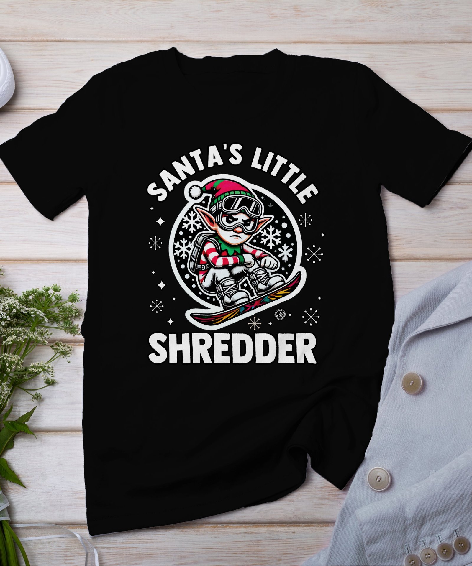Santa’s Little Shredder Christmas T Shirt, Funny Snowboarding Elf Tee, Kids Holiday Outfit, Xmas Snowboarder Shirt