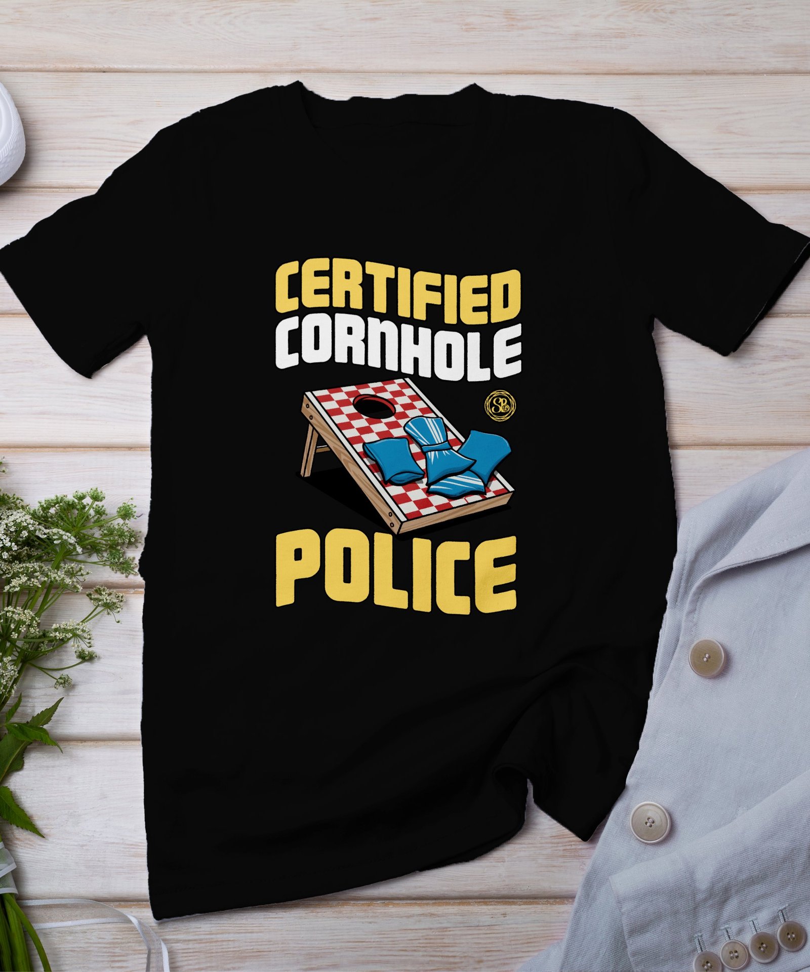 Cornhole Gartenspiel T-Shirt, Camping Freizeitspiel Shirt, Familien Sieger Outfit, Wurfsack Holzbrettspiel Tee, Sommer Outdoor-Spiel Polizei