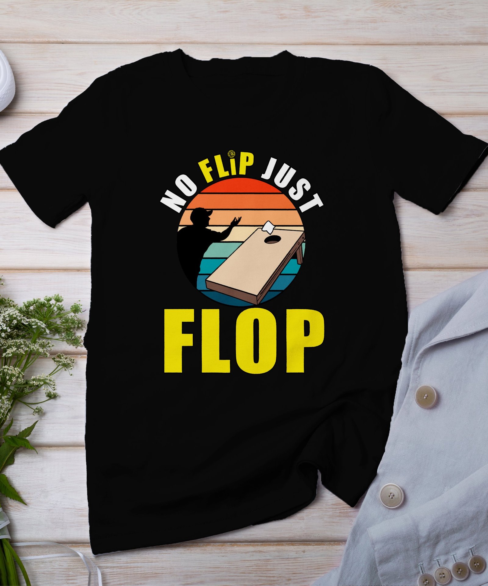 Cornhole Gartenspiel T-Shirt, Camping Freizeitspiel Shirt, Familien Sieger Outfit, Flip Flop Wurfsack Holzbrett Tee, Sommer Wurfspiel Champ
