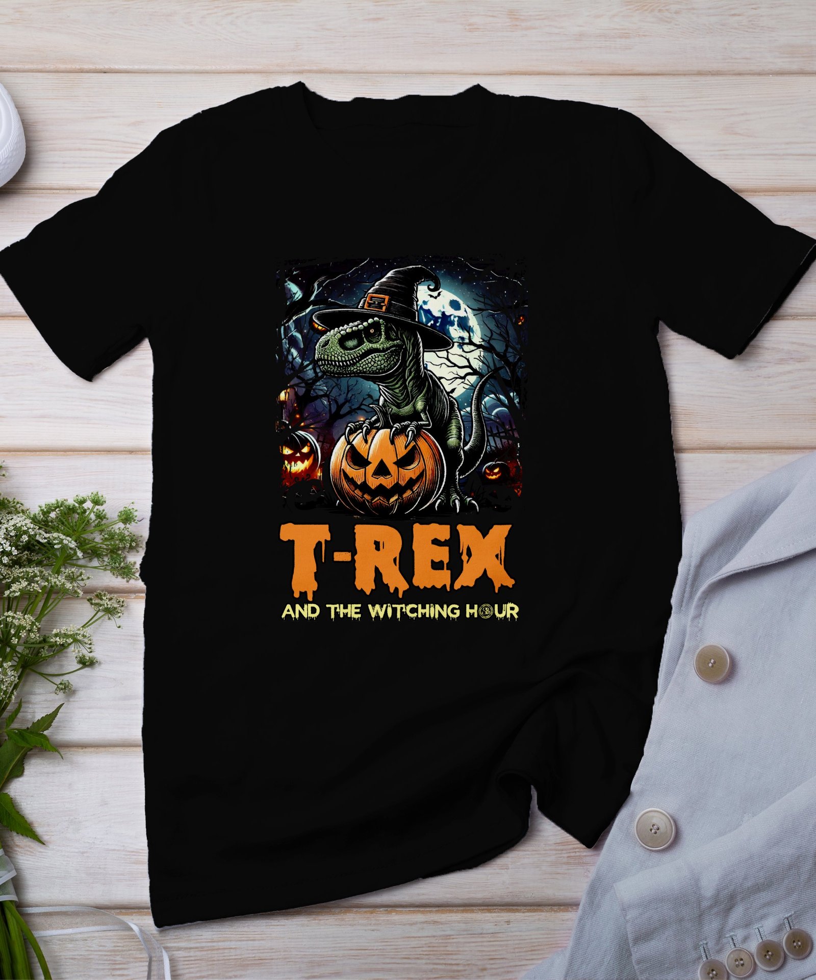 Scary Dinosaur Halloween T-Shirt, Spooky T-Rex Tee, Fun Magic Costume Dino Shirt, Hunter Witch Hour Madness Top, Trick-Or-Treat Night Party