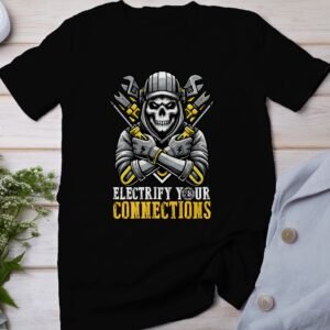 Skull Electrician T-Shirt, Skeleton in Hoodie Holding Tools, Funny Electrician Gift, Bold and Unique Design, Electrician Humor Tee