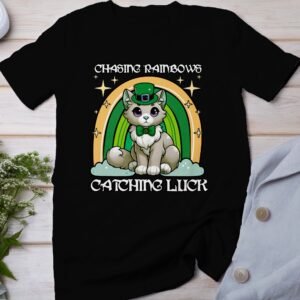 Lustiges Katzen Design TShirt Regenbogen Motiv Irischer Feiertag Niedliches Glück Shirt Geschenkidee Fell Shirt Katzenliebhaber