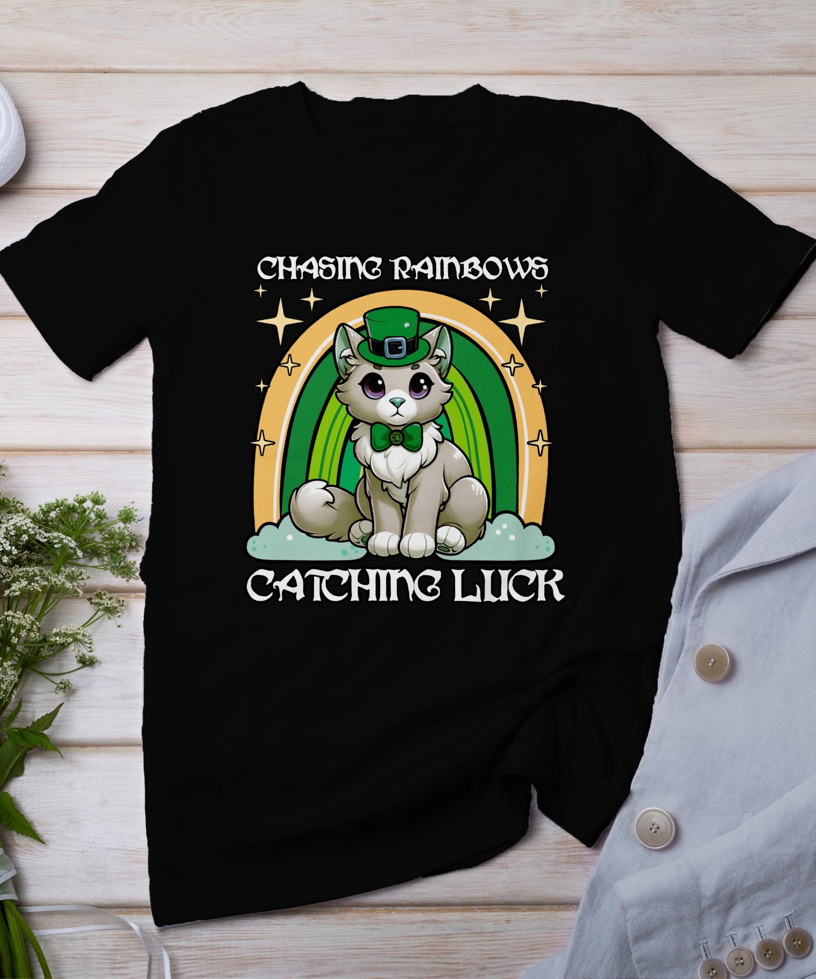 Lustiges Katzen Design TShirt Regenbogen Motiv Irischer Feiertag Niedliches Glück Shirt Geschenkidee Fell Shirt Katzenliebhaber