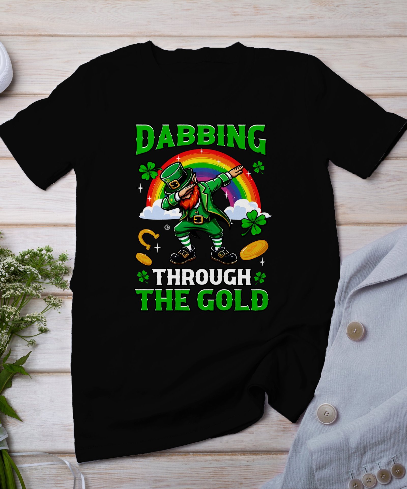 Lustiger Irscher Tanz Dabbing Kobold Regenbogen Gold T-Shirt Irisches St Patricks Day Kleeblatt Glück Tee Party Festival Volkstanz Shirt