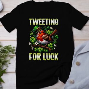 Vogel T-Shirt Glückbringender Hut Irisches Rotkehlchen Tee Irischer St. Paddy Shirt Vogelgezwitscher auf Kleeblatt Druck Shirt Kleeblätter