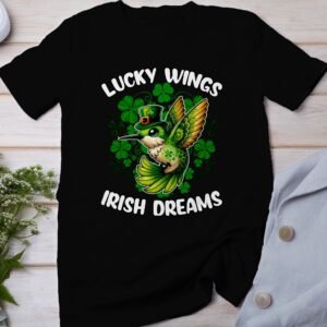 St. Patricks Day T-Shirt Grüner Kolibri Irisches Vogel Shirt Süßes Kleeblatt Shirt mit Glücklichem Kolibri Schnelle Flügel der Träume Shirt