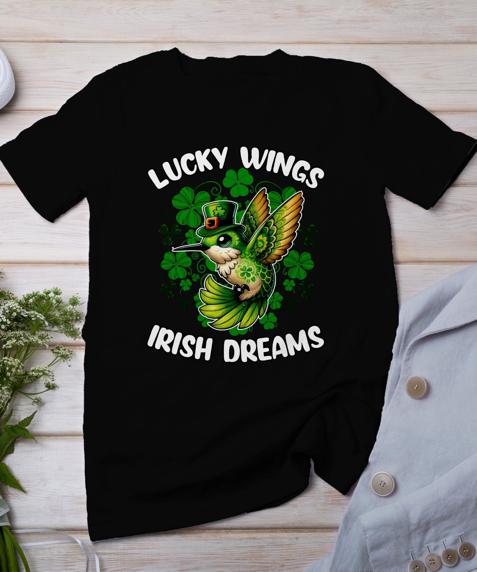 St. Patricks Day T-Shirt Grüner Kolibri Irisches Vogel Shirt Süßes Kleeblatt Shirt mit Glücklichem Kolibri Schnelle Flügel der Träume Shirt
