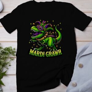 Saint Paddy Dinosaurier Mardi Gras Shirt Karneval Dinosaurier Design Mardi Grawr T-Rex Grafik Faschings Glücksbringer Shirt Kleblätter