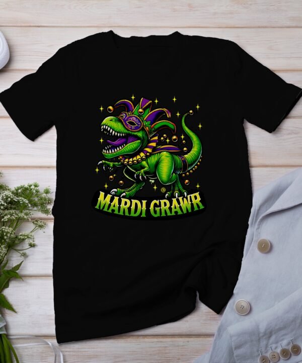 Saint Paddy Dinosaurier Mardi Gras Shirt Karneval Dinosaurier Design Mardi Grawr T-Rex Grafik Faschings Glücksbringer Shirt Kleblätter