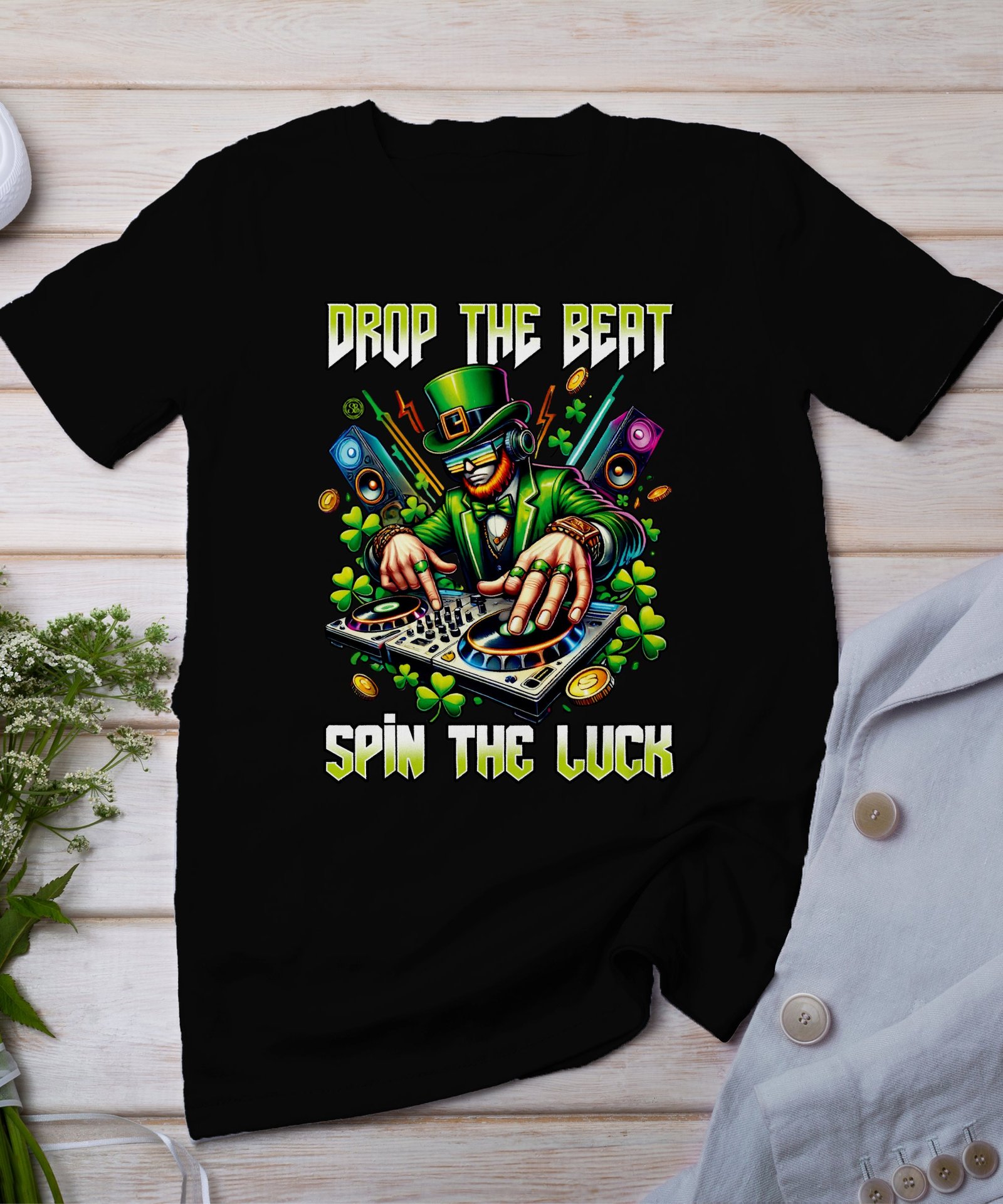Grüner DJ Kobold T-Shirt Beat Festival St. Paddy Shirt für Musikliebhaber Party Musik Kleeblätter Fan Ginger Glücksbringer Tee St. Patrick