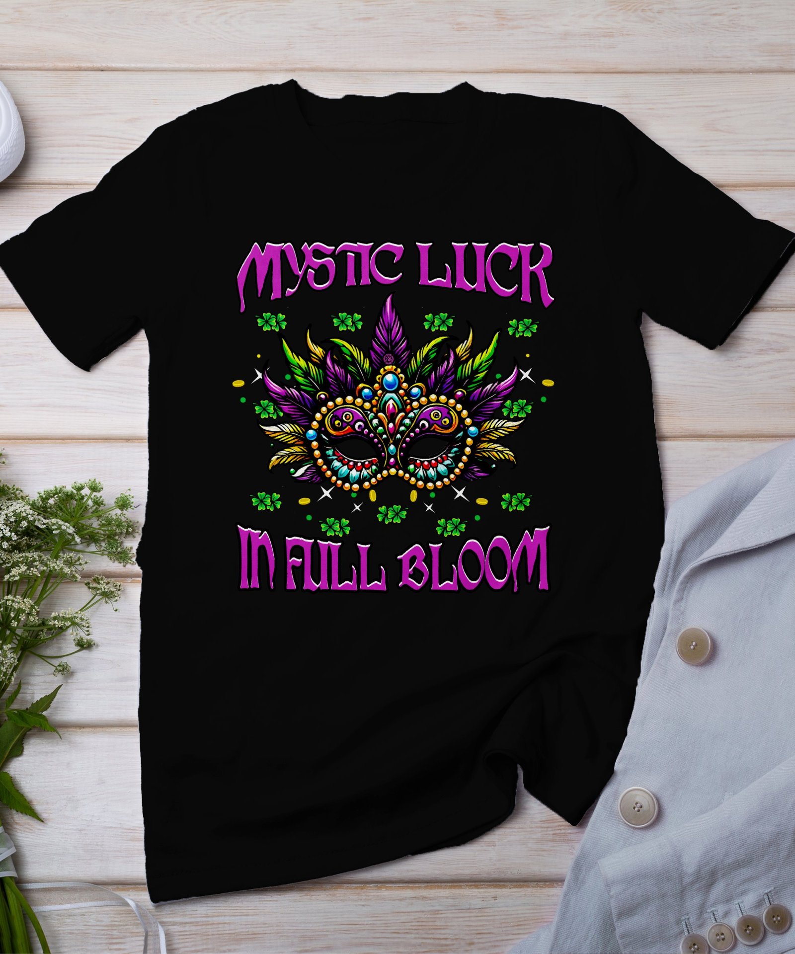 St. Patrick Karneval Kostüm T-Shirt Mardi Gras Maske Shirt Glück Blüte Shirt Farbenfrohe Festival Kleidung St. Paddy Kleeblätter Kunst