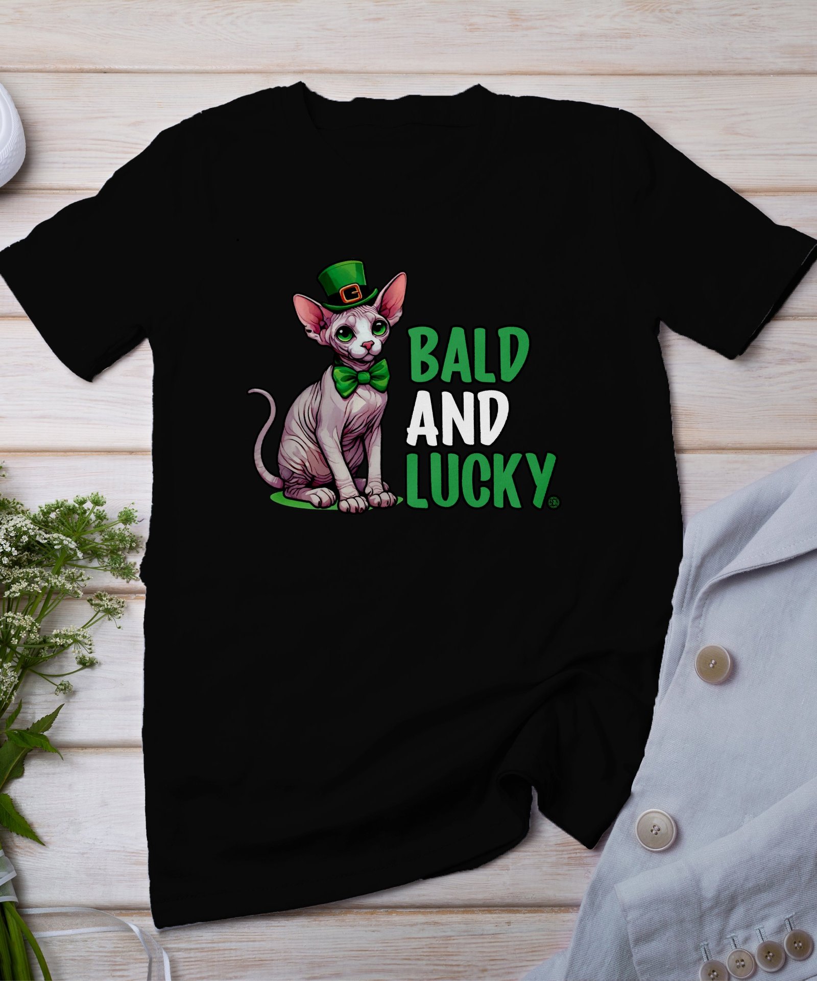 Spyhnx Katze St. Paddy T-Shirt Nackte Katze mit Hut und Schleife St. Patricks Day Shirt Katzenliebhaber Glück Irisches Festival Tee