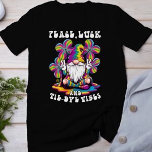 Friedensglück mit Batikschwingungen Shirt, lustiger Gnom T-Shirt, Hippie Kostüm Humor, farbenfrohes Gnom Shirt, positives Vibe Shirt