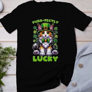 Lustiges St. Patricks Day T-Shirt, Purr-fectly Lucky Katze, Niedliches Tiermotiv für Katzenliebhaber, Geschenk für Irland-Fans