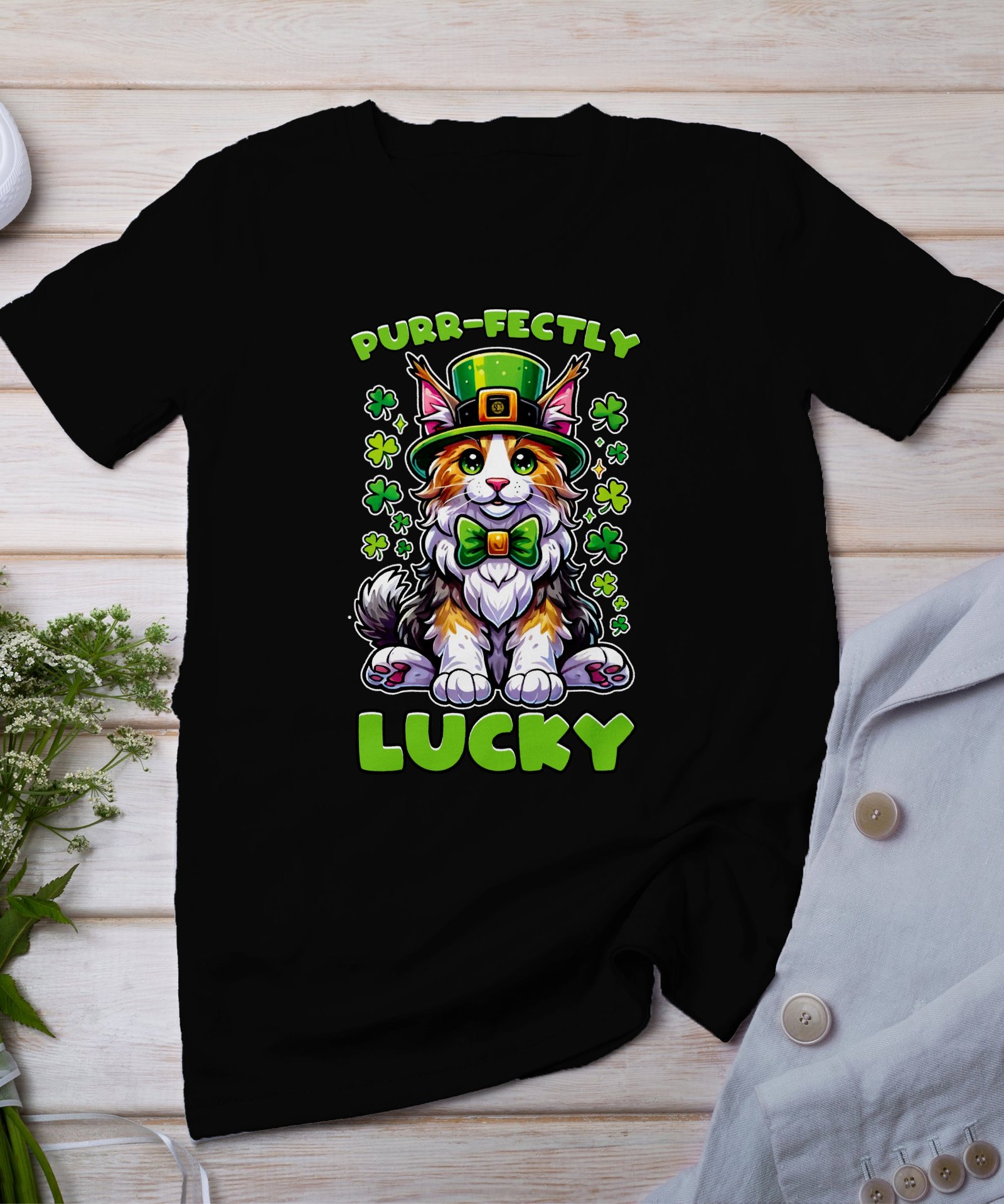 Lustiges St. Patricks Day T-Shirt, Purr-fectly Lucky Katze, Niedliches Tiermotiv für Katzenliebhaber, Geschenk für Irland-Fans