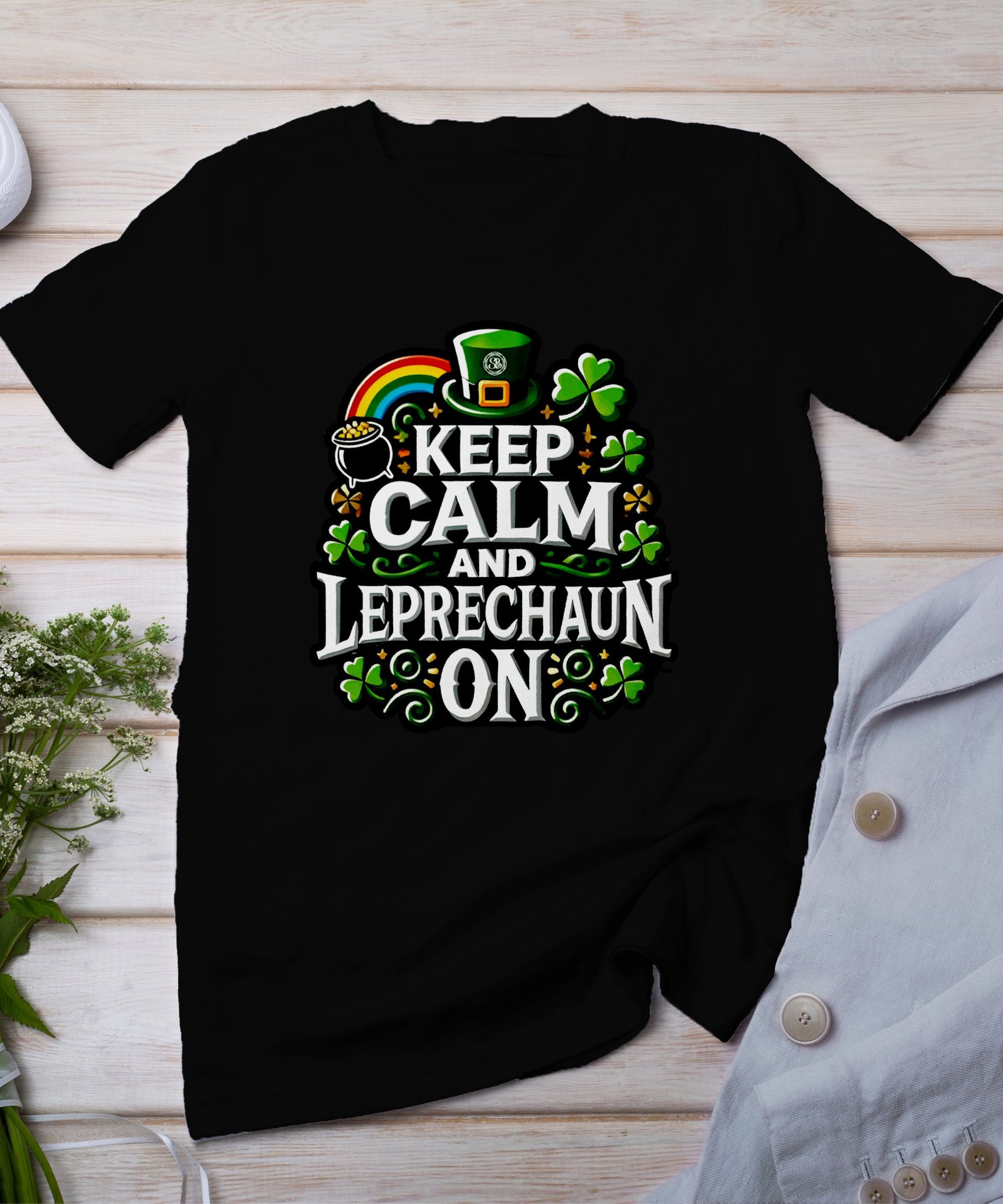Lustige Leprechaun Design T-Shirt, Irisches Kleeblatt und Regenbogen, Halte Ruhe und trage ein Leprechaun Shirt