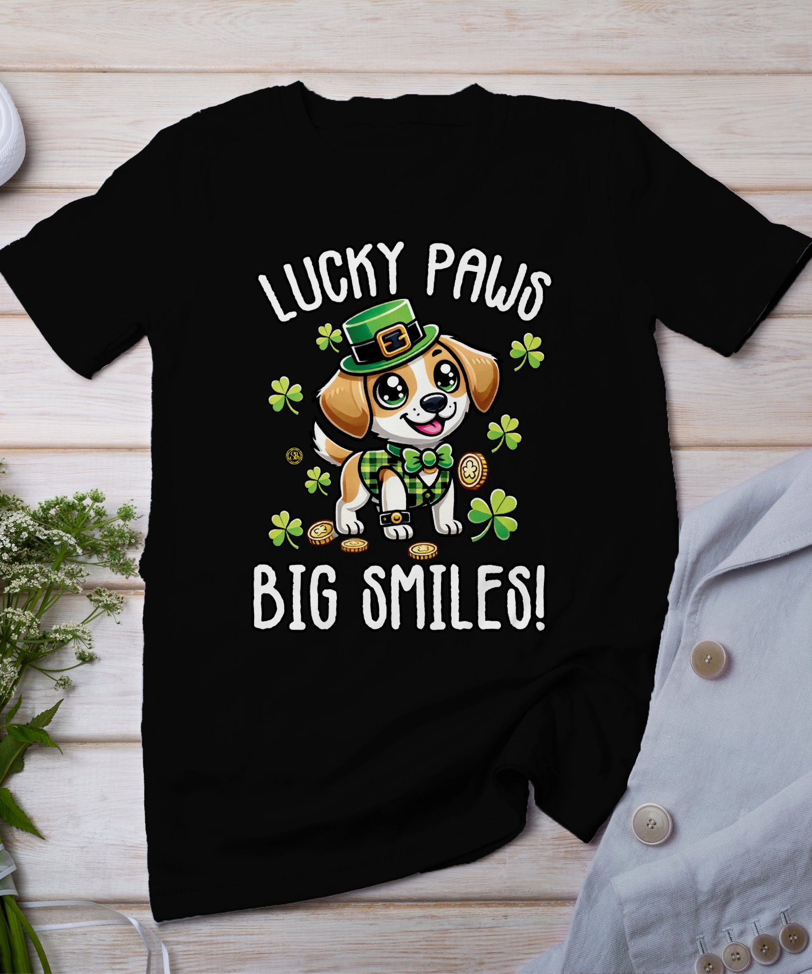 Lustige Hunde T-Shirt, St. Patrick’s Day Shirt, Hund mit Kleeblatt Design, Glückliche Pfoten T-Shirt, Großes Lächeln Motiv