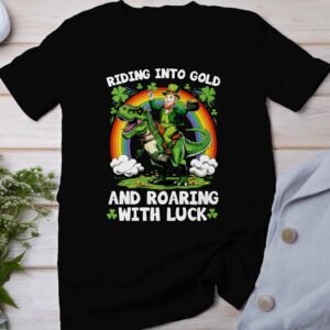 St. Patrick's Day T-Shirt, Lustiger Leprechaun auf Dinosaurier, Regenbogen und Kleeblatt Design, Glückliche St. Patty's Day Shirts