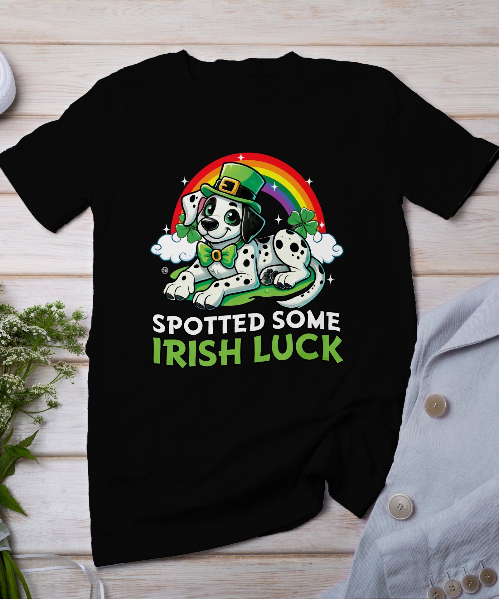 Lustiges Hund T-Shirt, St. Patrick’s Day Dalmatiner Shirt, Irischer Glücksbringer, Tierliebhaber Kleeblatt, Buntes Hundemotiv