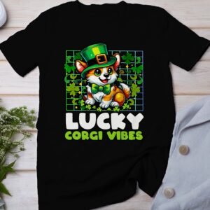 Lustiger St. Patricks Day Hunde T-Shirt, Glücklicher Corgi mit Hut, Lustiges Tier Outfit, Glücksbringer Katze Hund Tee